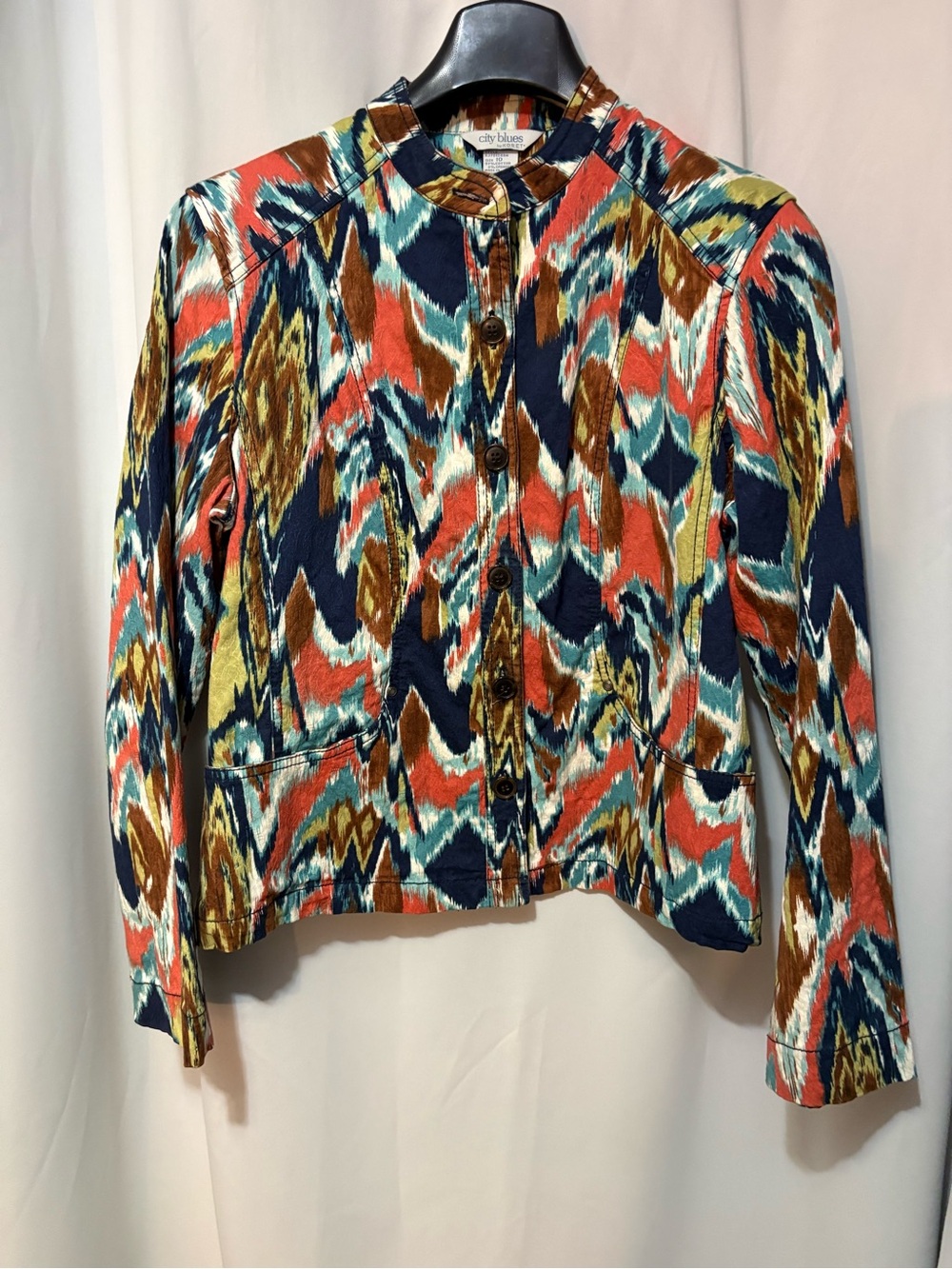 Koret Multicolor Ikat Button-Front Jacket - Coral, Navy, Teal, Brown